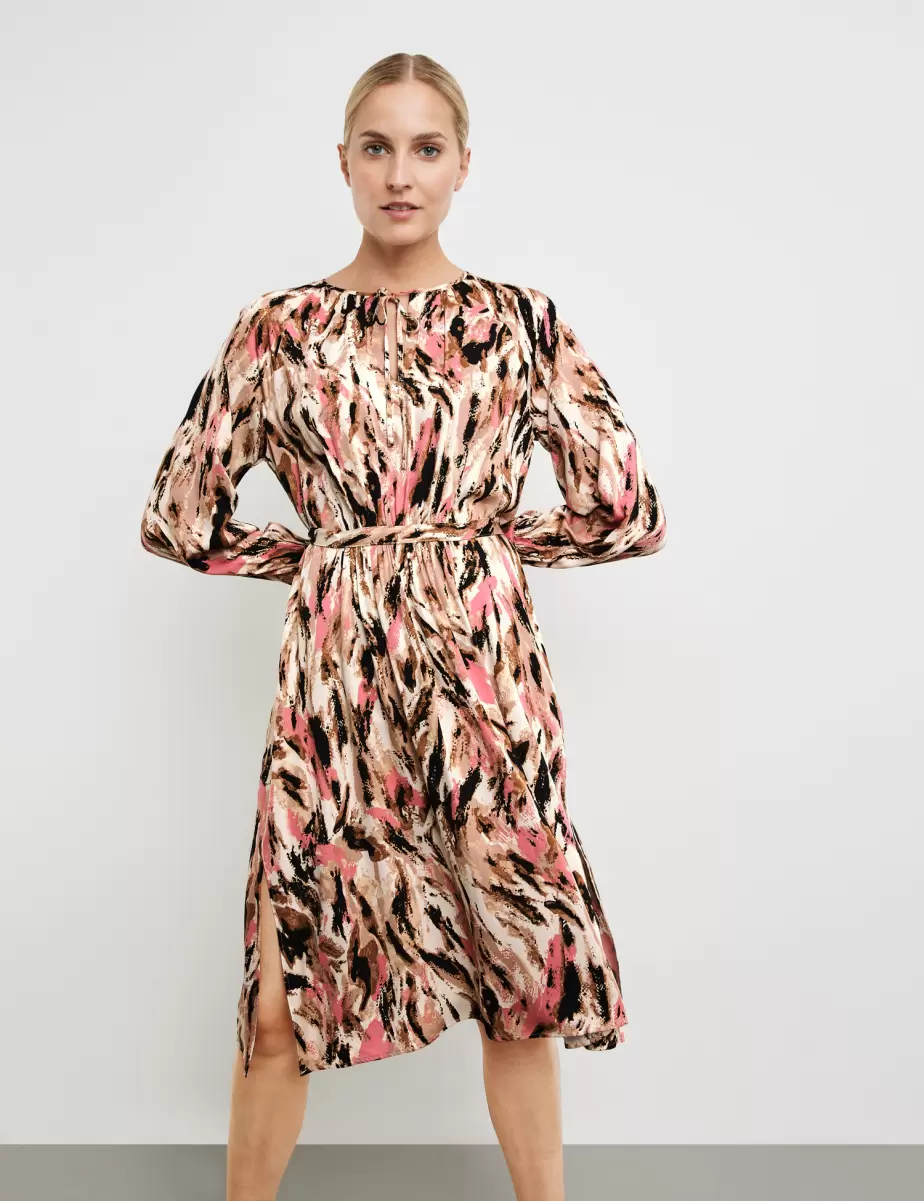 Knieumspielende Kleider Damen Samoon Taifun Gerry Weber Satin-Kleid Mit Taillenband Frosted Rose Gemustert
