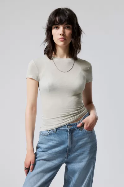Schwarzgrau Eleganz Week Day T-Shirts & Tops Weiches Körpernahes Semi-Transparentes T-Shirt Damen