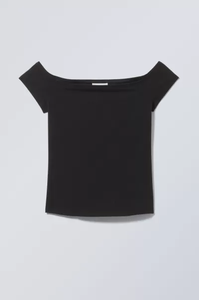 Week Day Billig Damen Schulterfreies T-Shirt Schwarz T-Shirts & Tops